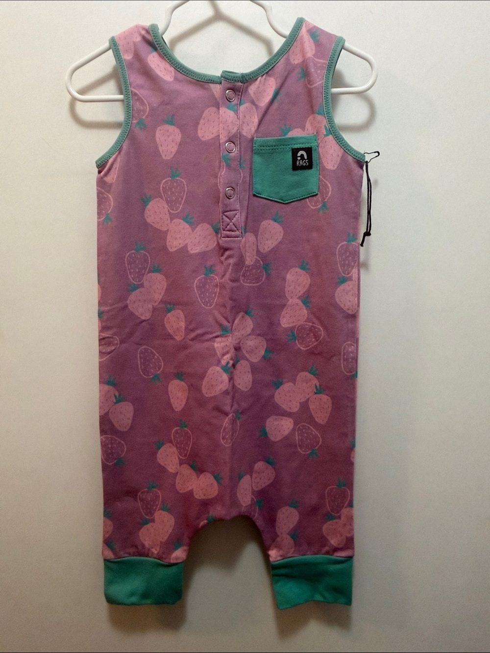 Rags to Raches New Pink Purple Strawberry Print Romper with Teal Pocket